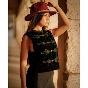 Zara Black Velvet Military Toggle Embroidered Vest Size S